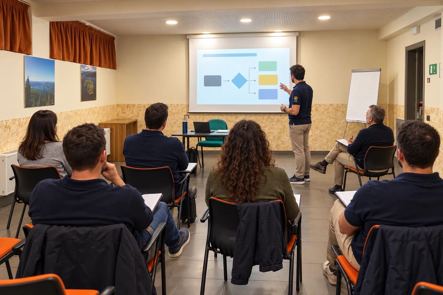 Immagine illustrativa generata: un docente conduce una lezione davanti a partecipanti adulti visti da dietro, in un’aula ispirata agli ambienti LUX.